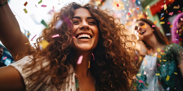 Um grupo de amigos celebra carnaval imagem alegre de uma mulher em doces