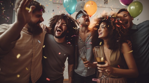 Foto um grupo de amigos comemorando em uma festa