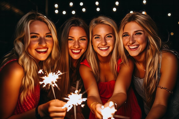 Um grupo de amigos comemorando uma noite com fogos de artifício na celebração da véspera de ano novo