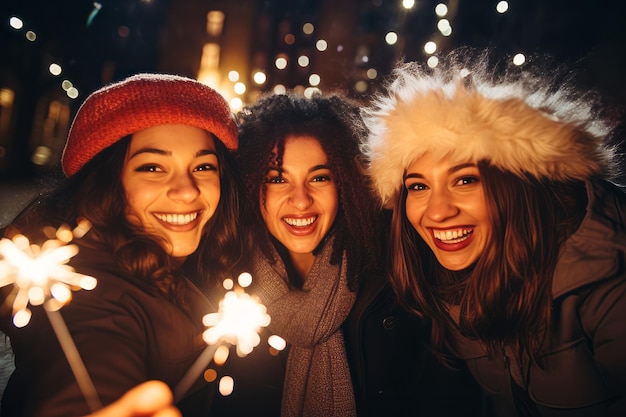 Um grupo de amigos comemorando uma noite com fogos de artifício na celebração da véspera de ano novo