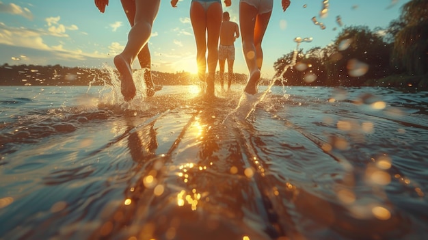 Um grupo de amigos corre ao longo do cais de madeira para tirar água do lago num dia ensolarado.