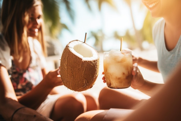Um grupo de amigos desfrutando de água de coco em um dia ensolarado na praia
