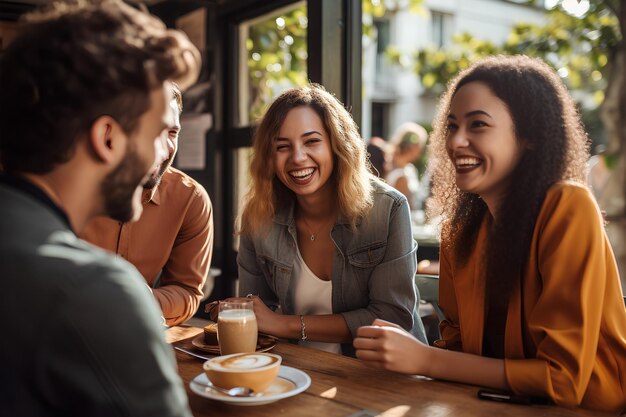 Um grupo de amigos desfrutando de café e café da manhã em uma cafeteria