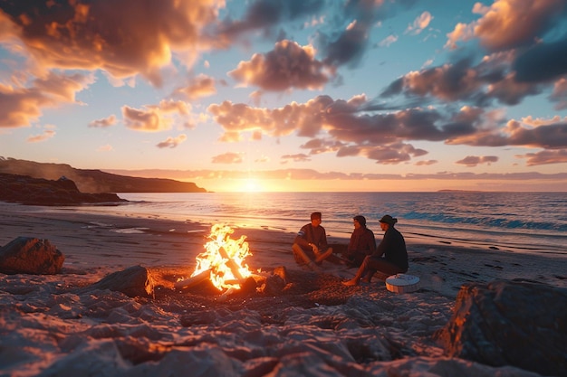 Um grupo de amigos desfrutando de uma fogueira na praia