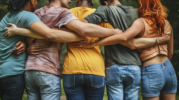 Um grupo de amigos diversos e felizes abraçando-se ao ar livre em um parque