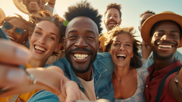 Um grupo de amigos diversos e felizes estão posando para uma selfie. Todos estão sorrindo e rindo e parece que estão se divertindo muito.