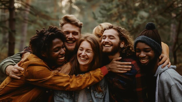 Foto um grupo de amigos diversos e felizes estão rindo e se abraçando na floresta.