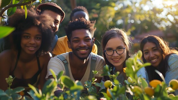 Um grupo de amigos diversos está posando para uma foto em um jardim. Todos estão sorrindo e rindo e parecendo felizes.