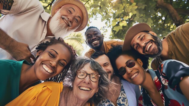 Um grupo de amigos diversos está posando para uma selfie. Todos estão sorrindo e rindo. O fundo é uma nuvem de folhas verdes.