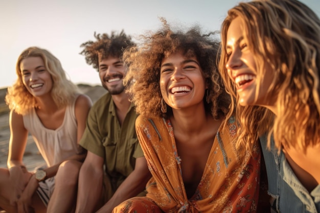 Um grupo de amigos diversos rindo e desfrutando de um dia de praia IA generativa