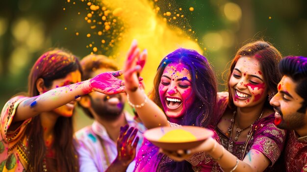 Um grupo de amigos em trajes coloridos celebrando Holi com pó de gulal brilhante