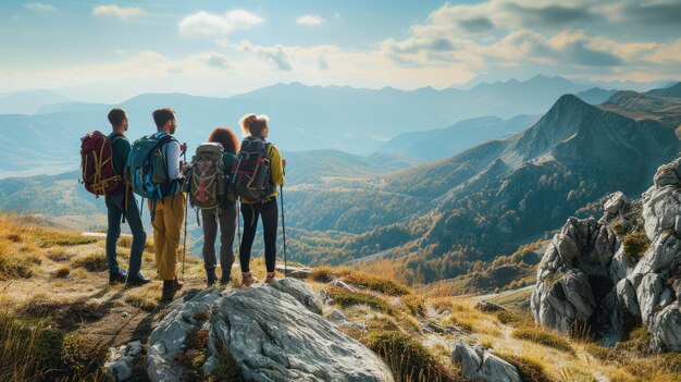 Um grupo de amigos em uma aventura de caminhada vistas panorâmicas da montanha resplandecentes