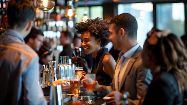 Um grupo de amigos está a desfrutar de bebidas num bar, estão todos a sorrir e a rir, o bar está cheio de gente, mas estão a divertir-se.