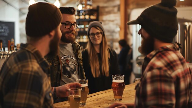 Um grupo de amigos está a desfrutar de uma cerveja num bar. Estão todos a sorrir e a rir e parece que estão a divertir-se.