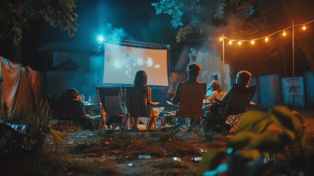 Um grupo de amigos está assistindo a um filme em um quintal. Eles instalaram um projetor e uma tela e estão sentados em cadeiras para assistir ao filme.