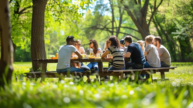 Um grupo de amigos está desfrutando de um piquenique no parque. Eles estão sentados em torno de uma mesa de madeira comendo, bebendo e conversando.
