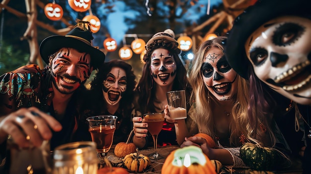 Um grupo de amigos está fazendo uma festa de Halloween todos estão vestindo trajes e se divertindo a mesa está decorada com abóboras e velas