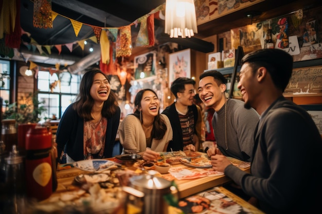 Um grupo de amigos está rindo e desfrutando de seu tempo juntos em um restaurante