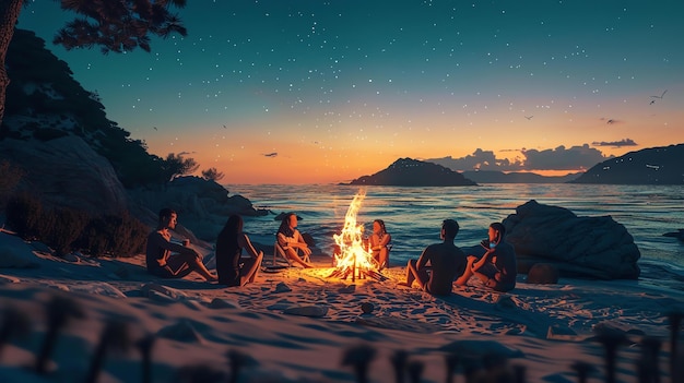 Foto um grupo de amigos está sentado em torno de uma fogueira na praia eles estão falando rindo e desfrutando do céu estrelado da noite