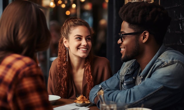 Foto um grupo de amigos está sentado em uma mesa de restaurante e falando