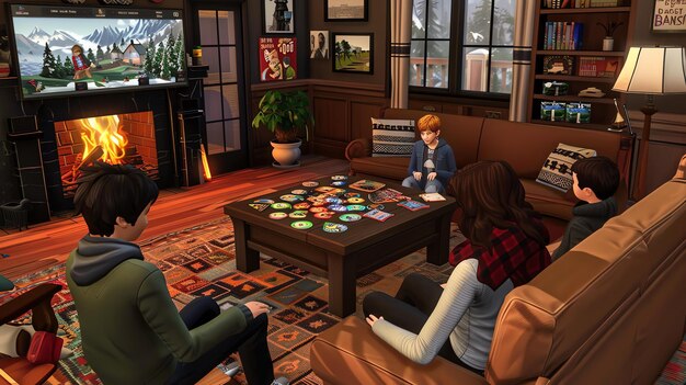 Foto um grupo de amigos está sentado em uma sala de estar aconchegante jogando cartas. o quarto está decorado com cores quentes e móveis confortáveis.