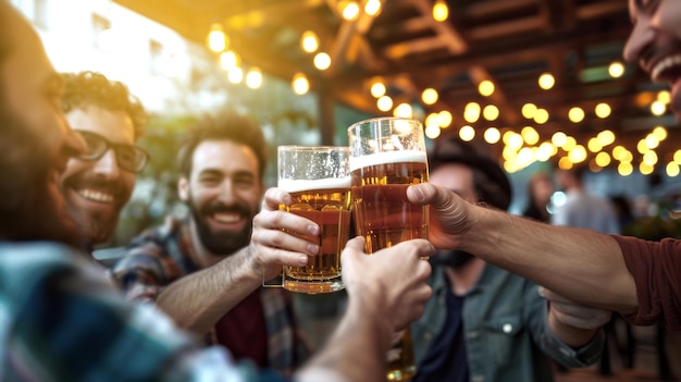 Foto um grupo de amigos está tomando algumas cervejas em um terraço na primavera