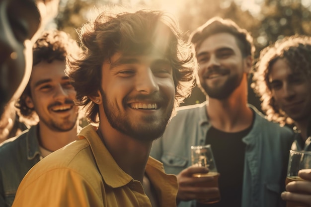 Um grupo de amigos está tomando uma cerveja e sorrindo.