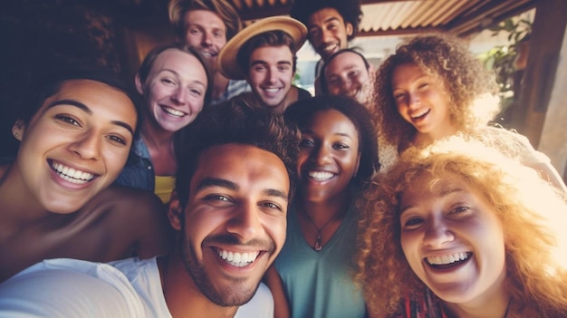 um grupo de amigos estão sorrindo e posando para uma foto