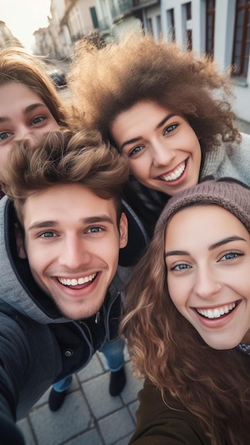 um grupo de amigos estão sorrindo e posando para uma foto