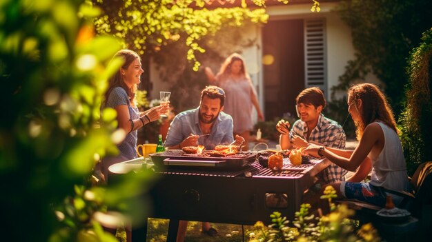 um grupo de amigos fazendo churrasco e se divertindo no quintal em um dia ensolarado