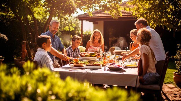 um grupo de amigos fazendo churrasco e se divertindo no quintal em um dia ensolarado