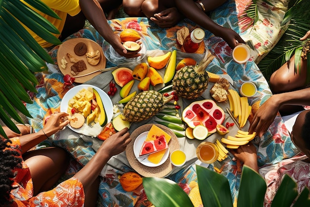 Um grupo de amigos fazendo um piquenique com suco de manga e lanches tropicais