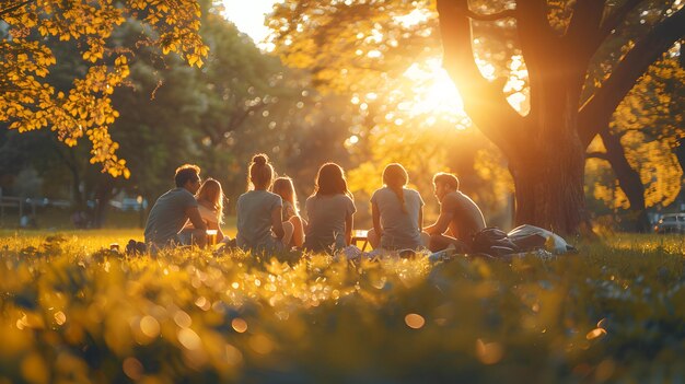 Um grupo de amigos fazendo um piquenique no parque, destacando os prazeres simples e unindo-se