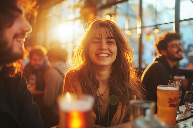 Um grupo de amigos felizes a beber cerveja, a rir e a conversar dentro do bar à mesa.