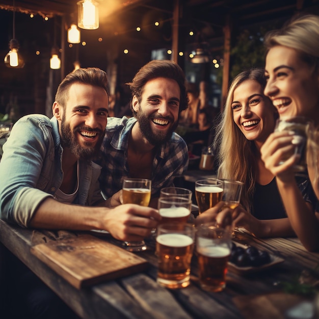 Um grupo de amigos felizes a beber cerveja no bar da cervejaria.