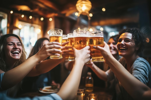 Foto um grupo de amigos felizes a beber numa discoteca. jovens a divertir-se a desfrutar de coquetéis.