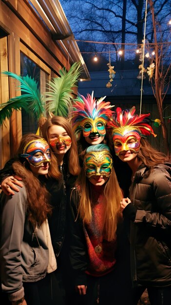 Foto um grupo de amigos felizes celebrando juntos uma festa de carnaval usando máscara