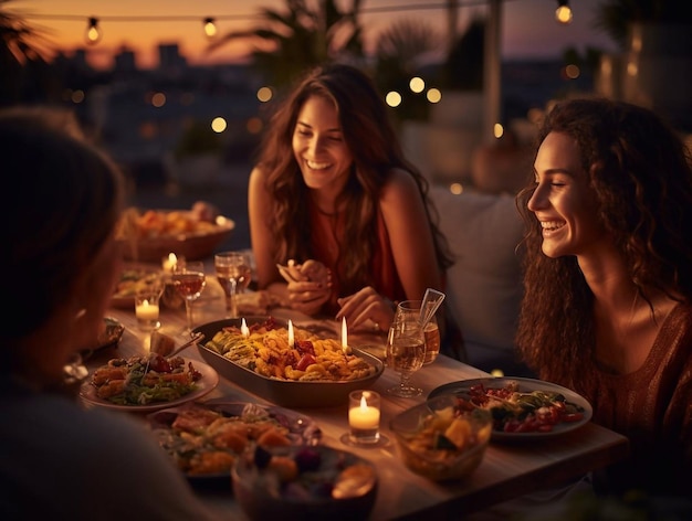 Um grupo de amigos felizes comemorando as férias usando sprinklers e bebendo vinho vermelho enquanto fazem um piquenique, uma festa de jantar francês ao ar livre perto do rio em uma bela noite de verão na natureza.