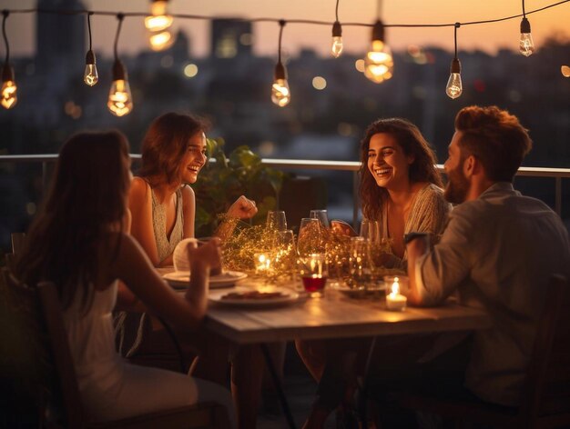 Um grupo de amigos felizes comemorando as férias usando sprinklers e bebendo vinho vermelho enquanto fazem um piquenique, uma festa de jantar francês ao ar livre perto do rio em uma bela noite de verão na natureza.