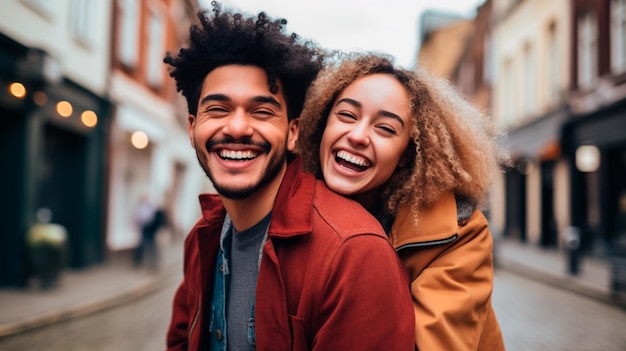 Um grupo de amigos felizes e sorridente a caminhar e a rir na cidade.