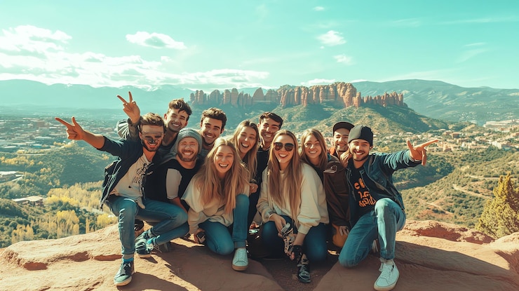 Foto um grupo de amigos felizes posam para uma foto enquanto fazem uma caminhada panorâmica pela montanha