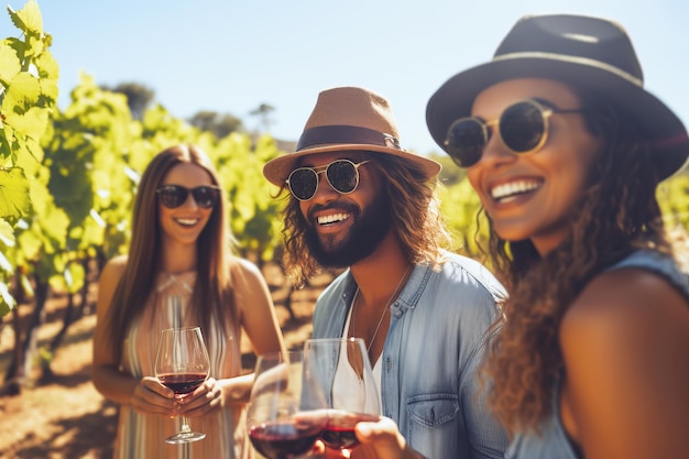 Um grupo de amigos felizes provando vinho em uma vinha