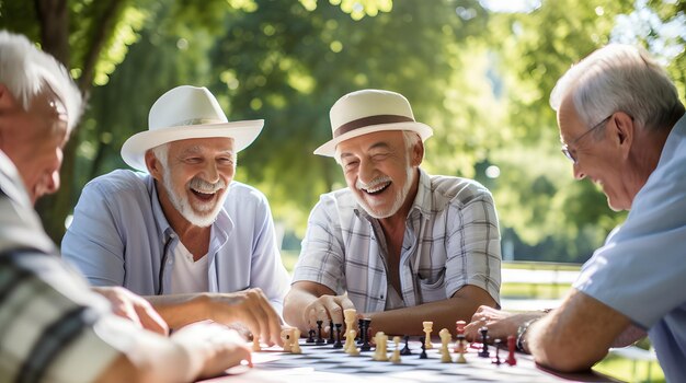 Foto um grupo de amigos idosos jogando xadrez em um parque sob a sombra de árvores