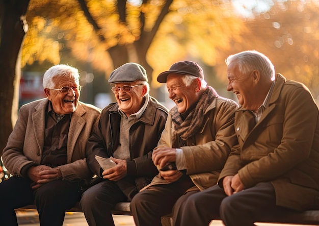 Um grupo de amigos idosos sentados em um banco de parque banhados pela luz quente da hora dourada envolvidos em um