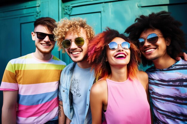 Um grupo de amigos jovens urbanos posando com óculos de sol rindo de um conceito de diversidade gerado pela IA