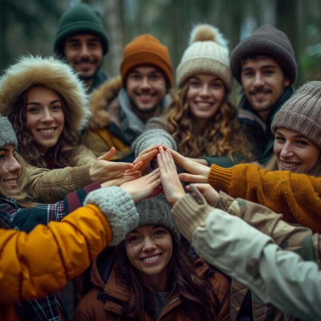 Um grupo de amigos na floresta.