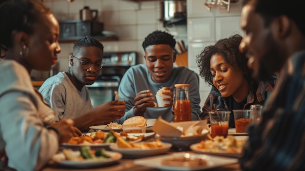 Um grupo de amigos negros a comer comida para levar em casa, a conversar e a ter um almoço relaxante juntos.