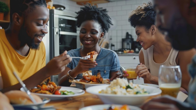 Um grupo de amigos negros a comer comida para levar em casa, a conversar e a ter um almoço relaxante juntos.