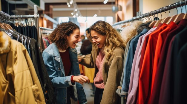 Um grupo de amigos olhando animadamente as prateleiras de roupas na Black Friday