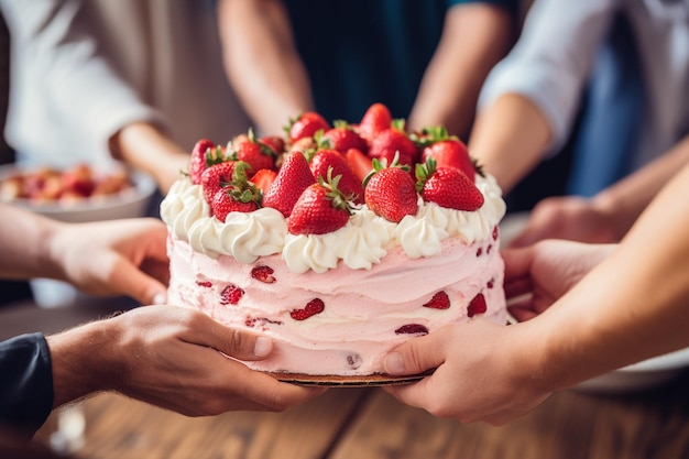 Um grupo de amigos ou família comemorando com um bolo de morango